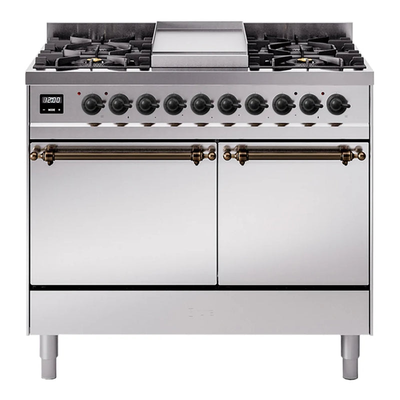 ILVE Nostalgie II 40" Dual Fuel Freestanding Range in Stainless Steel with Burnished Trim, UPD40FQNMPSSBLP