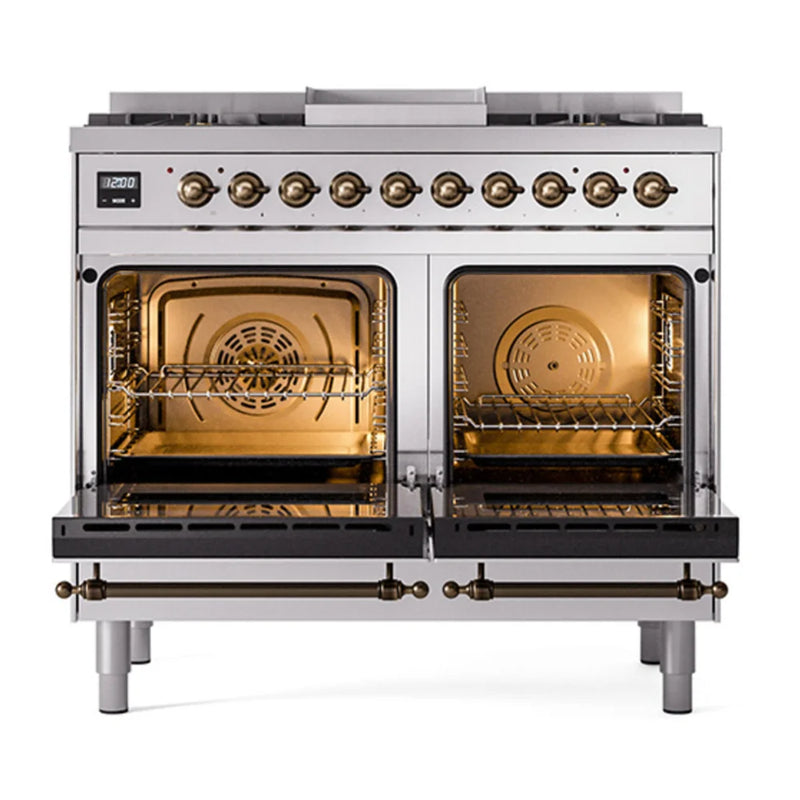ILVE Nostalgie II 40" Dual Fuel Freestanding Range in Stainless Steel with Burnished Trim, UPD40FQNMPSSBLP
