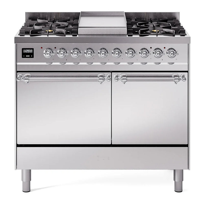 ILVE Nostalgie II 40" Dual Fuel Freestanding Range in Stainless Steel with Chrome Trim, UPD40FQNMPSSC
