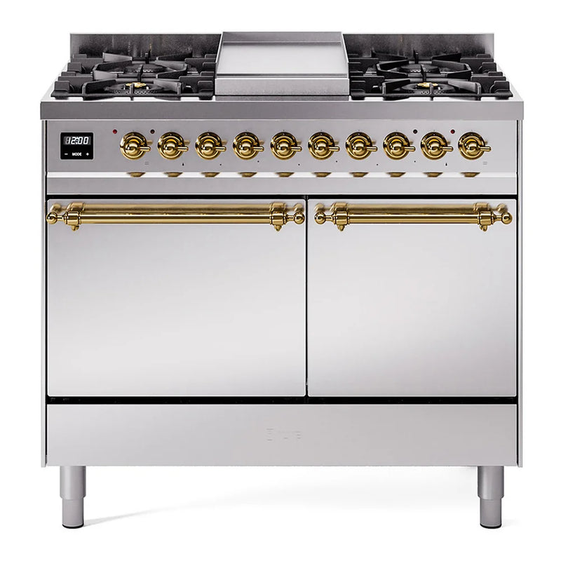 ILVE Nostalgie II 40" Dual Fuel Freestanding Range in Stainless Steel with Brass Trim, UPD40FQNMPSSG