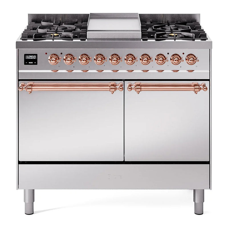 ILVE Nostalgie II 40" Dual Fuel Freestanding Range in Stainless Steel with Copper Trim, UPD40FQNMPSSP