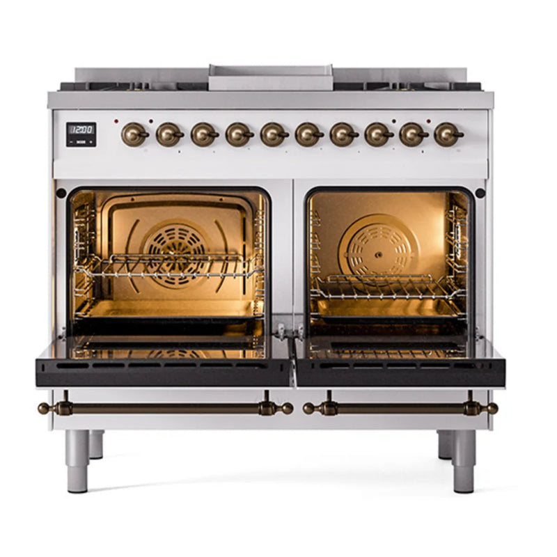 ILVE Nostalgie II 40" Dual Fuel Freestanding Range in White with Burnished Trim, UPD40FQNMPWHBLP