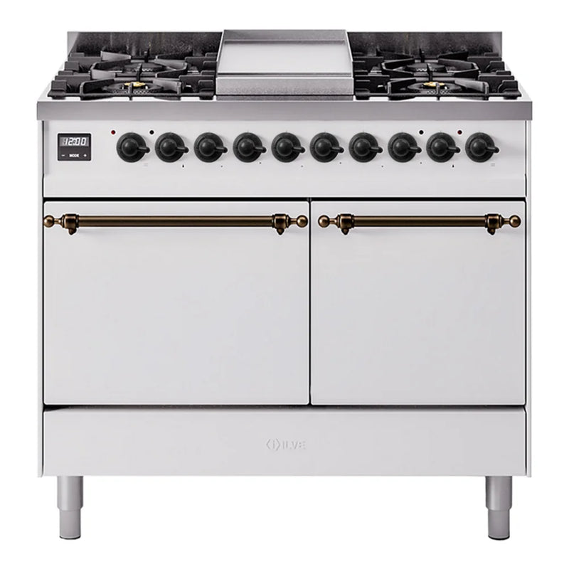 ILVE Nostalgie II 40" Dual Fuel Freestanding Range in White with Burnished Trim, UPD40FQNMPWHB