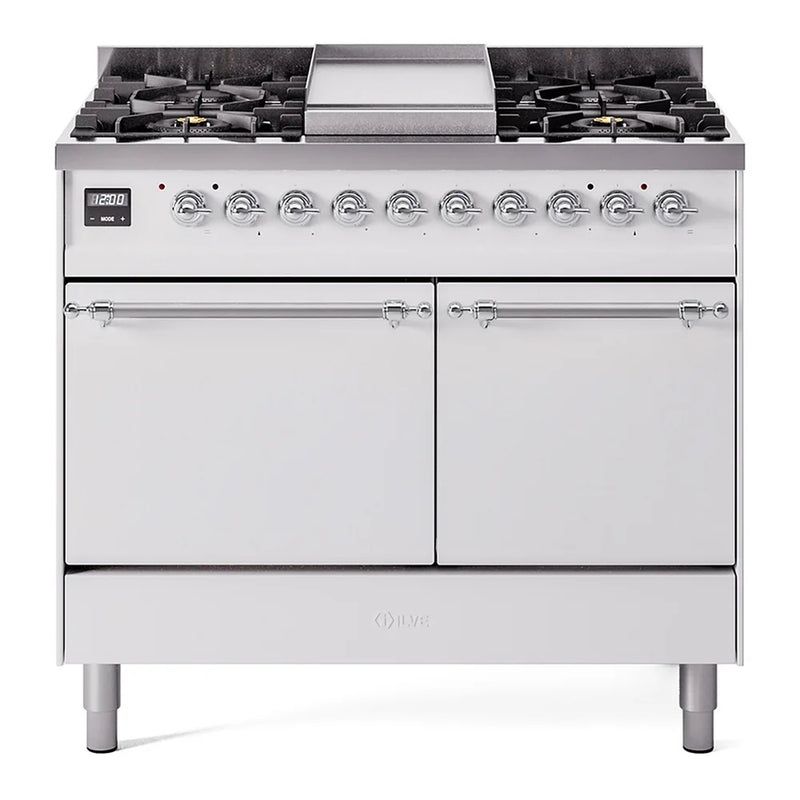 ILVE Nostalgie II 40" Dual Fuel Freestanding Range in White with Chrome Trim, UPD40FQNMPWHCLP