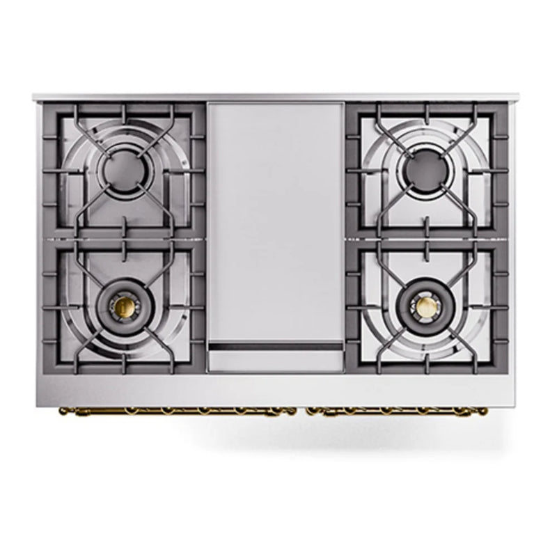 ILVE Nostalgie II 40" Dual Fuel Freestanding Range in White with Brass Trim, UPD40FQNMPWHGLP