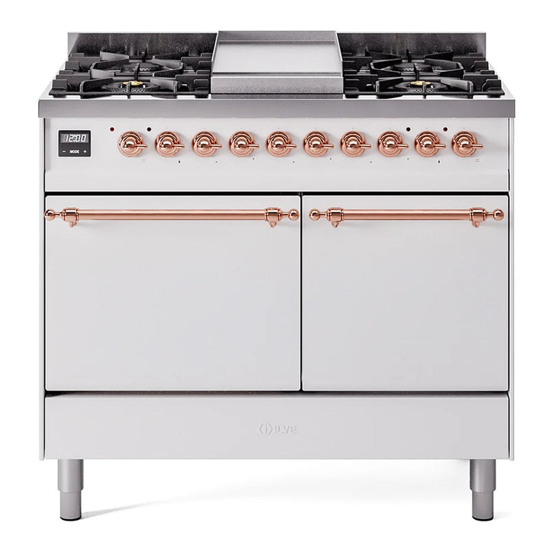 ILVE Nostalgie II 40" Dual Fuel Freestanding Range in White with Copper Trim, UPD40FQNMPWHPLP