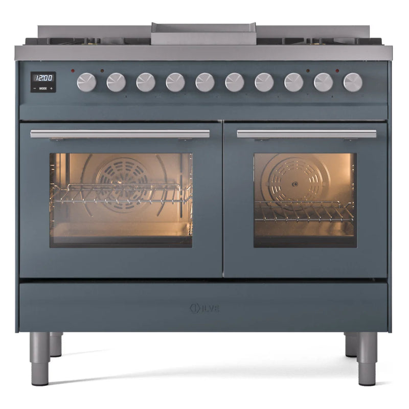 ILVE Professional Plus II 40" Dual Fuel Freestanding Range in Blue Grey with Satin Trim, UPD40FWMPBGLP