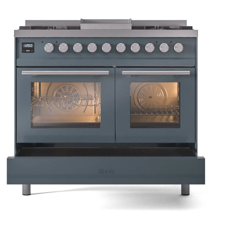 ILVE Professional Plus II 40" Dual Fuel Freestanding Range in Blue Grey with Satin Trim, UPD40FWMPBGLP