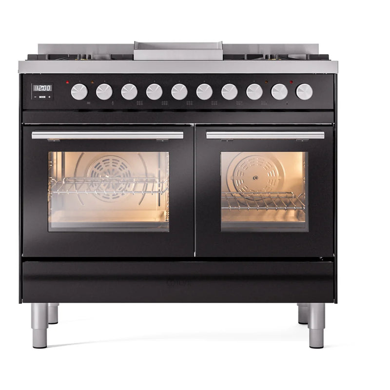 ILVE Professional Plus II 40" Dual Fuel Freestanding Range in Glossy Black with Satin Trim, UPD40FWMPBKLP