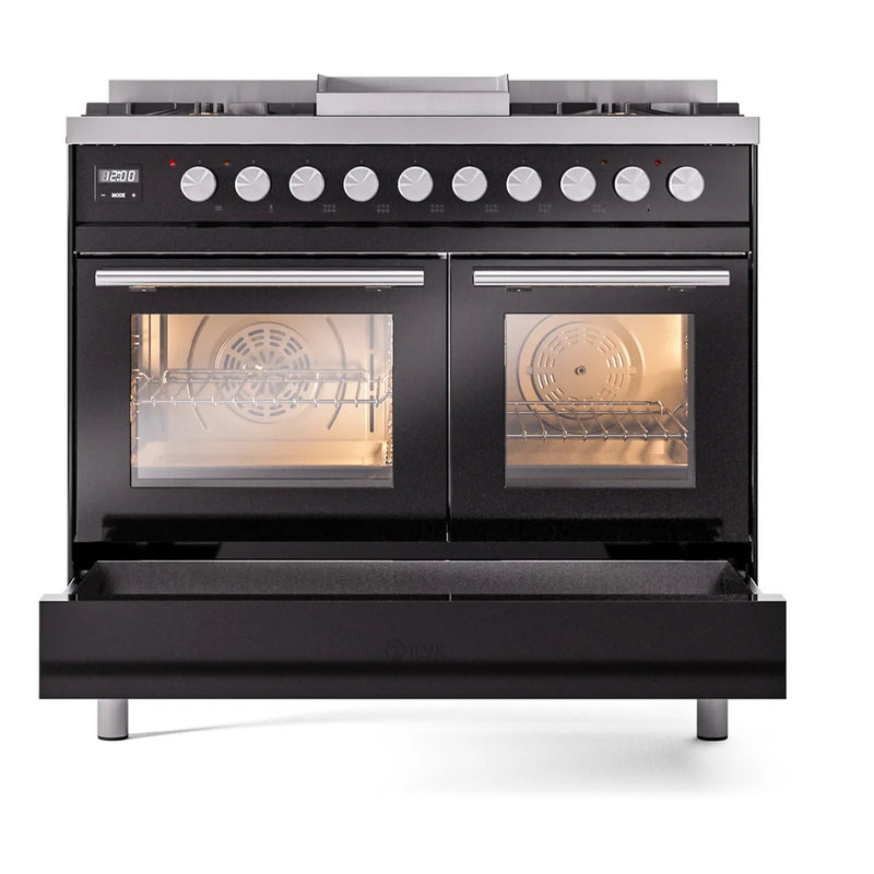 ILVE Professional Plus II 40" Dual Fuel Freestanding Range in Glossy Black with Satin Trim, UPD40FWMPBKLP