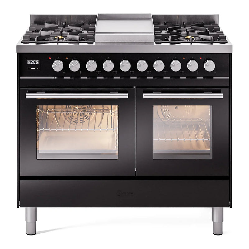 ILVE Professional Plus II 40" Dual Fuel Freestanding Range in Glossy Black with Satin Trim, UPD40FWMPBK