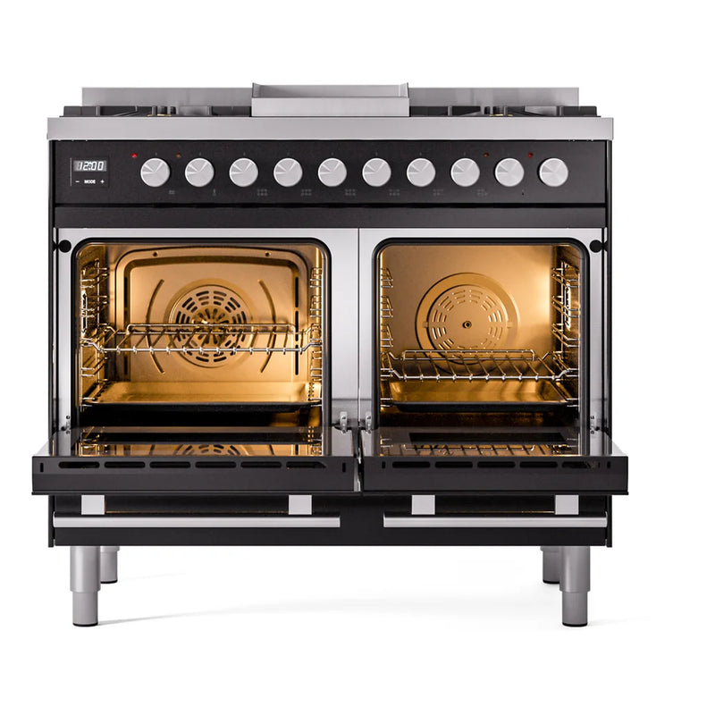 ILVE Professional Plus II 40" Dual Fuel Freestanding Range in Glossy Black with Satin Trim, UPD40FWMPBK