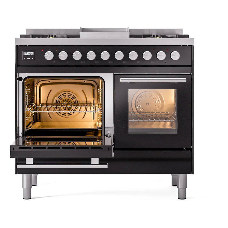 ILVE Professional Plus II 40" Dual Fuel Freestanding Range in Glossy Black with Satin Trim, UPD40FWMPBK