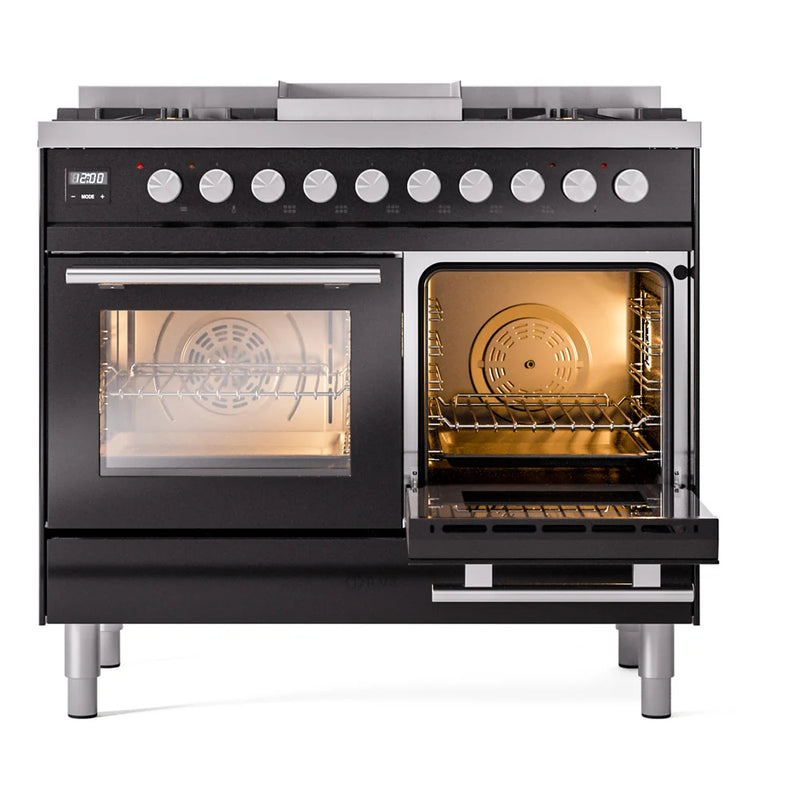 ILVE Professional Plus II 40" Dual Fuel Freestanding Range in Glossy Black with Satin Trim, UPD40FWMPBK