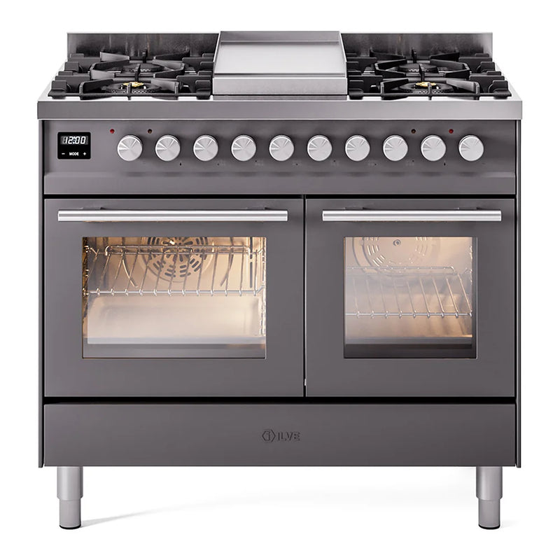 ILVE Professional Plus II 40" Dual Fuel Freestanding Range in Graphite Matte with Satin Trim, UPD40FWMPMGLP