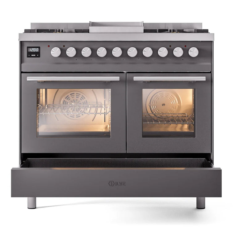 ILVE Professional Plus II 40" Dual Fuel Freestanding Range in Graphite Matte with Satin Trim, UPD40FWMPMGLP