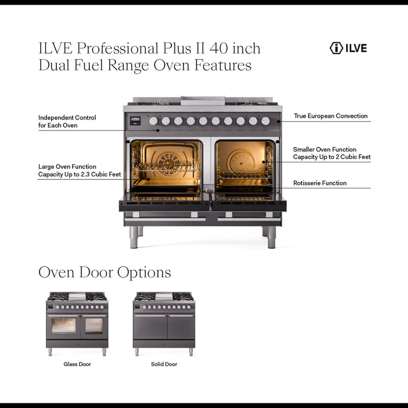 ILVE Professional Plus II 40" Dual Fuel Freestanding Range in Graphite Matte with Satin Trim, UPD40FWMPMG