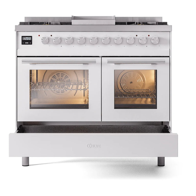 ILVE Professional Plus II 40" Dual Fuel Freestanding Range in White with Satin Trim, UPD40FWMPWHLP