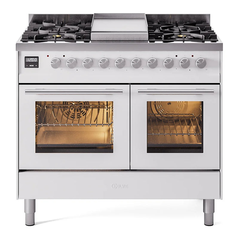 ILVE Professional Plus II 40" Dual Fuel Freestanding Range in White with Satin Trim, UPD40FWMPWH