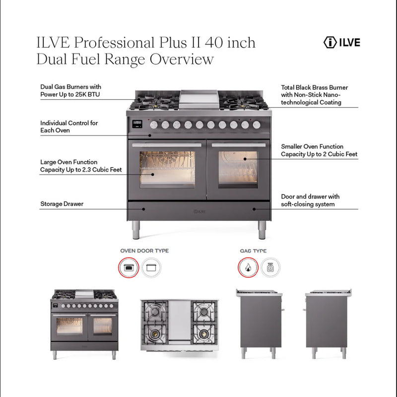 ILVE Professional Plus II 40" Dual Fuel Freestanding Range in White with Satin Trim, UPD40FWMPWH