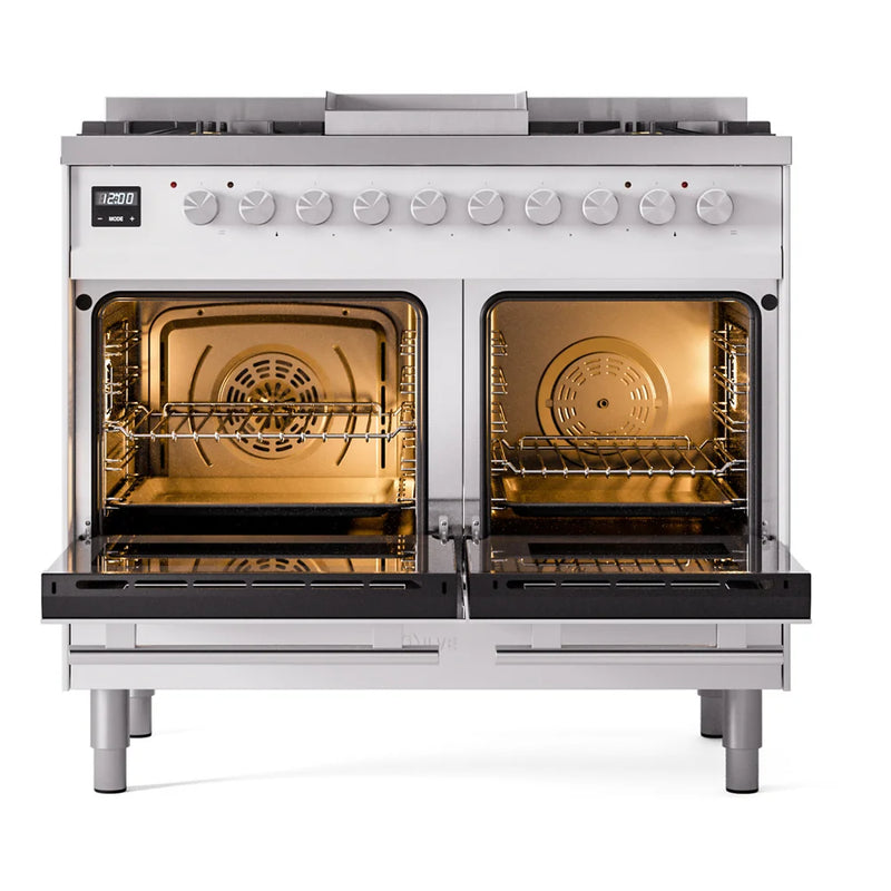 ILVE Professional Plus II 40" Dual Fuel Freestanding Range in White with Satin Trim, UPD40FWMPWH