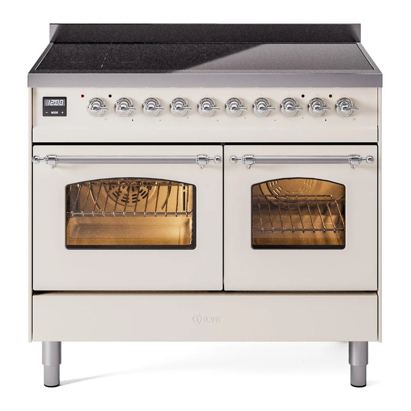 ILVE Nostalgie II 40" Induction Freestanding Range in Antique White with Chrome Trim, UPDI406NMPAWC