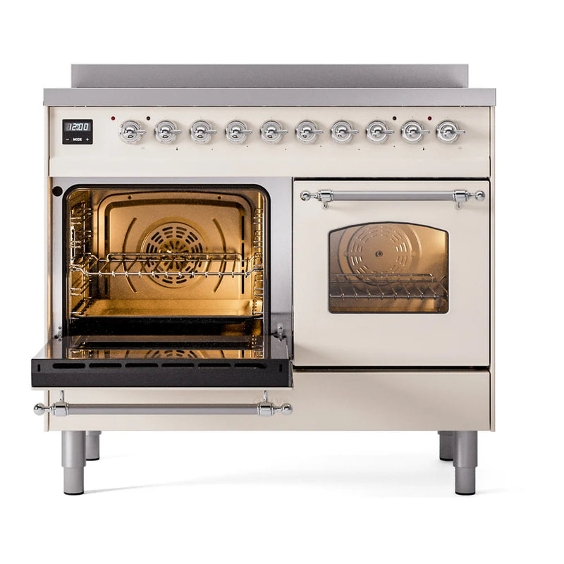 ILVE Nostalgie II 40" Induction Freestanding Range in Antique White with Chrome Trim, UPDI406NMPAWC