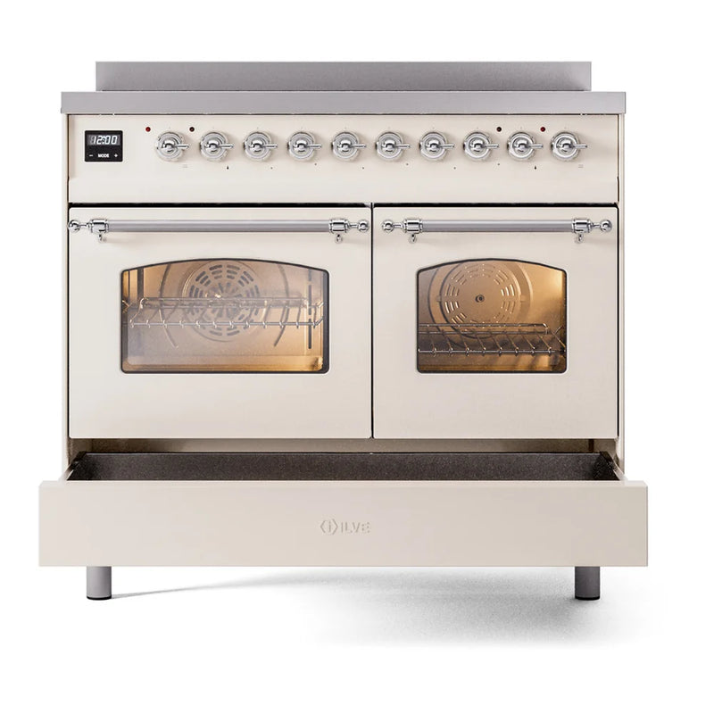 ILVE Nostalgie II 40" Induction Freestanding Range in Antique White with Chrome Trim, UPDI406NMPAWC