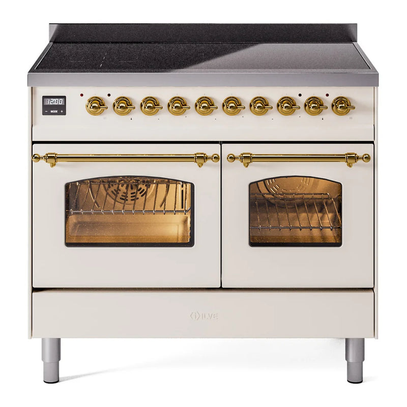ILVE Nostalgie II 40" Induction Freestanding Range in Antique White with Brass Trim, UPDI406NMPAWG