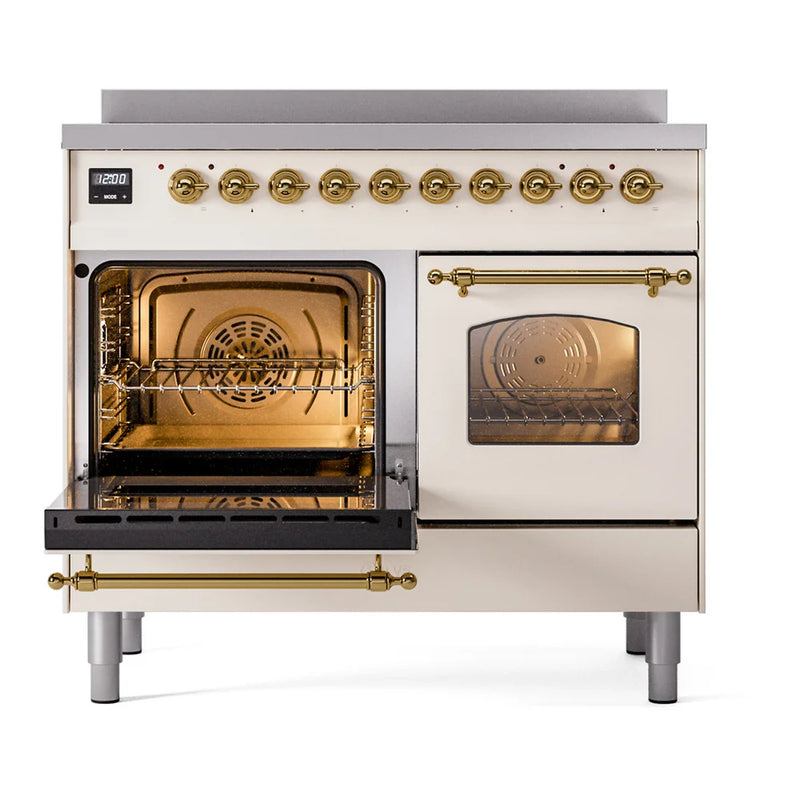 ILVE Nostalgie II 40" Induction Freestanding Range in Antique White with Brass Trim, UPDI406NMPAWG