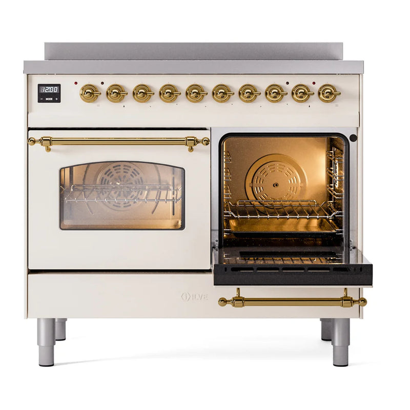 ILVE Nostalgie II 40" Induction Freestanding Range in Antique White with Brass Trim, UPDI406NMPAWG