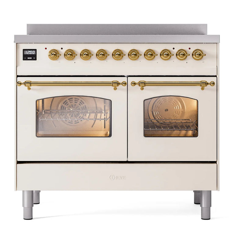 ILVE Nostalgie II 40" Induction Freestanding Range in Antique White with Brass Trim, UPDI406NMPAWG