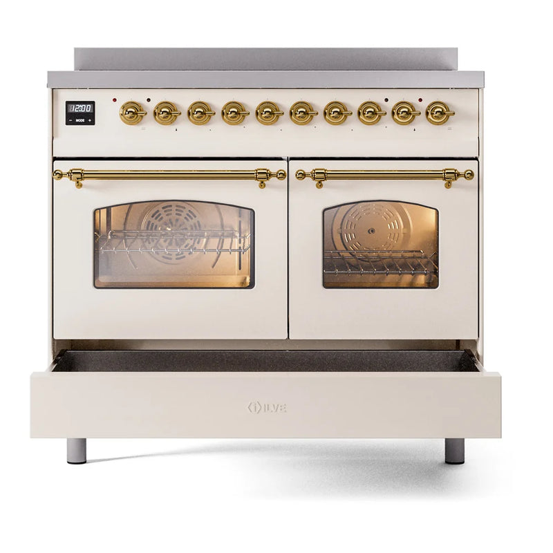 ILVE Nostalgie II 40" Induction Freestanding Range in Antique White with Brass Trim, UPDI406NMPAWG