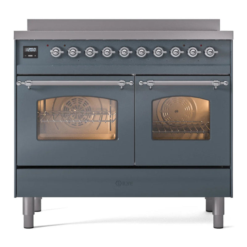 ILVE Nostalgie II 40" Induction Freestanding Range in Blue Grey with Chrome Trim, UPDI406NMPBGC