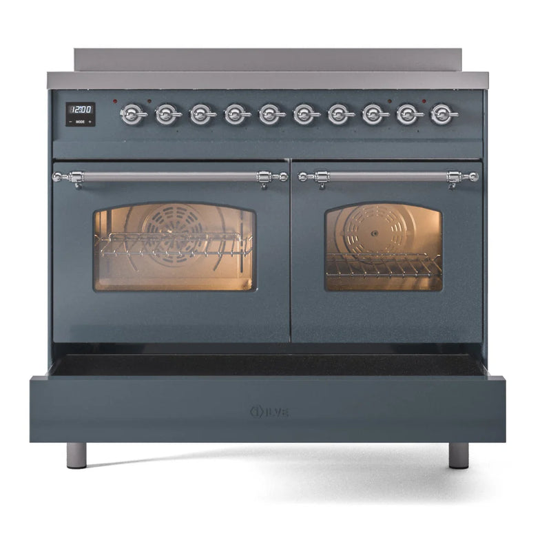 ILVE Nostalgie II 40" Induction Freestanding Range in Blue Grey with Chrome Trim, UPDI406NMPBGC