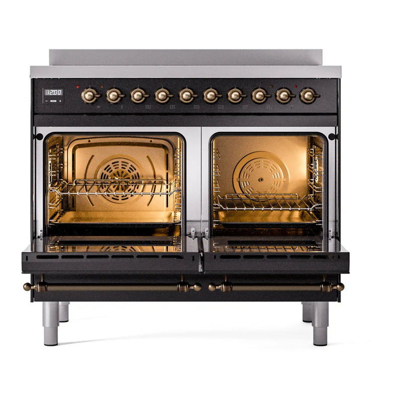 ILVE Nostalgie II 40" Induction Freestanding Range in Glossy Black with Burnished Trim, UPDI406NMPBKB