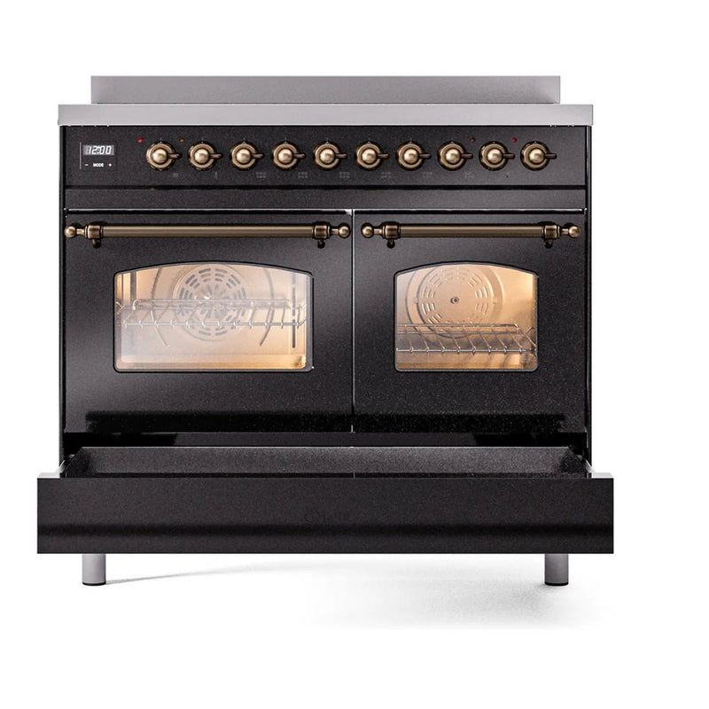 ILVE Nostalgie II 40" Induction Freestanding Range in Glossy Black with Burnished Trim, UPDI406NMPBKB