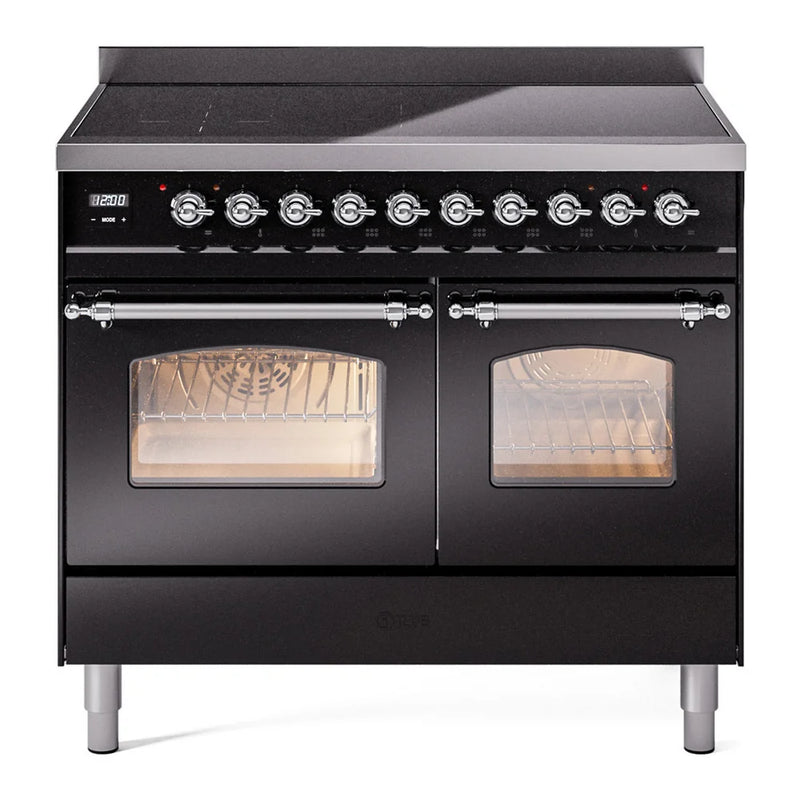 ILVE Nostalgie II 40" Induction Freestanding Range in Glossy Black with Chrome Trim, UPDI406NMPBKC