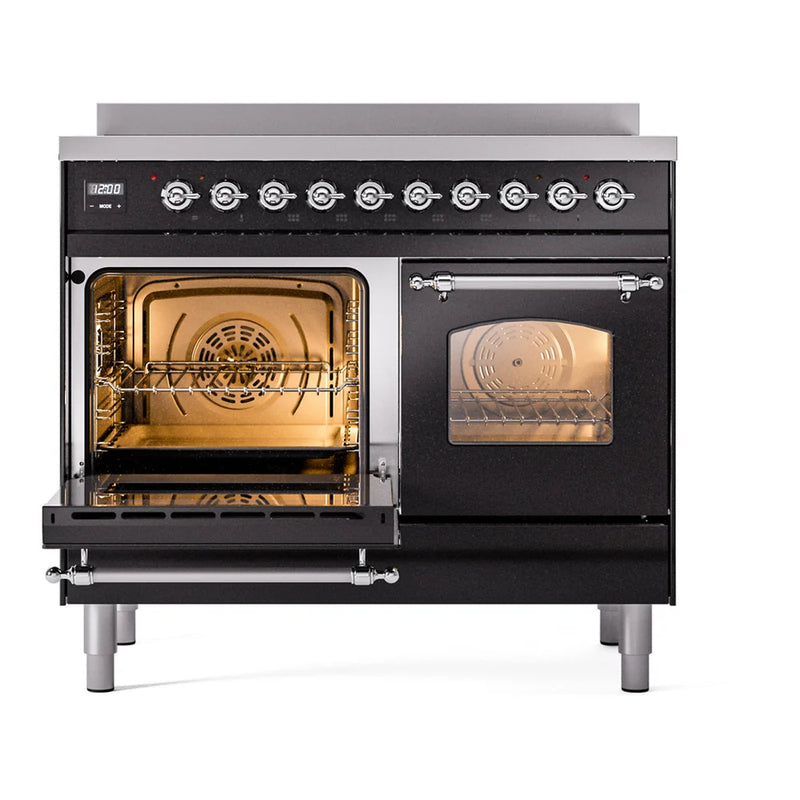 ILVE Nostalgie II 40" Induction Freestanding Range in Glossy Black with Chrome Trim, UPDI406NMPBKC