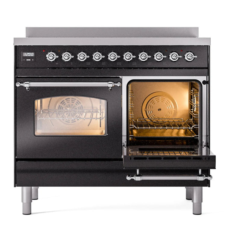 ILVE Nostalgie II 40" Induction Freestanding Range in Glossy Black with Chrome Trim, UPDI406NMPBKC