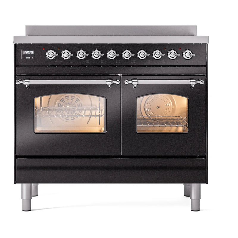 ILVE Nostalgie II 40" Induction Freestanding Range in Glossy Black with Chrome Trim, UPDI406NMPBKC