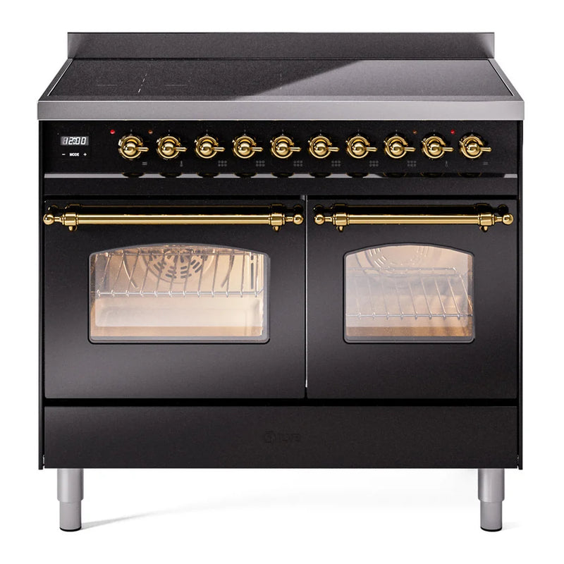 ILVE Nostalgie II 40" Induction Freestanding Range in Glossy Black with Brass Trim, UPDI406NMPBKG