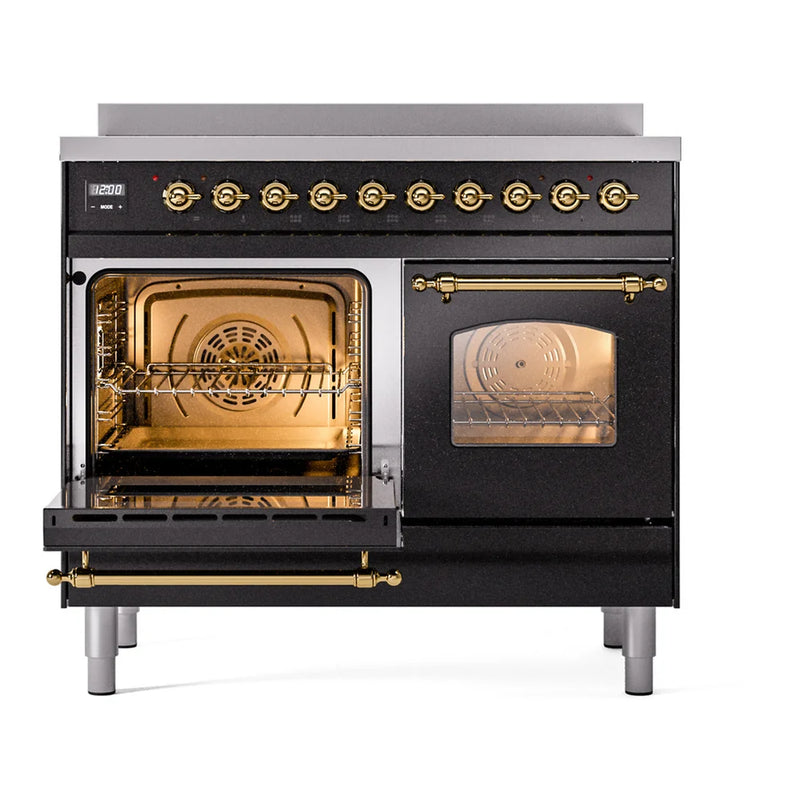 ILVE Nostalgie II 40" Induction Freestanding Range in Glossy Black with Brass Trim, UPDI406NMPBKG