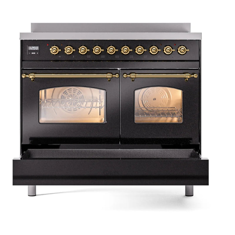 ILVE Nostalgie II 40" Induction Freestanding Range in Glossy Black with Brass Trim, UPDI406NMPBKG