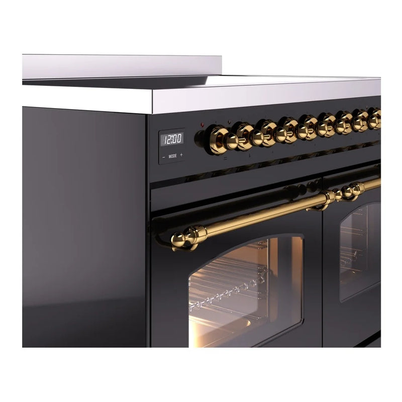 ILVE Nostalgie II 40" Induction Freestanding Range in Glossy Black with Brass Trim, UPDI406NMPBKG