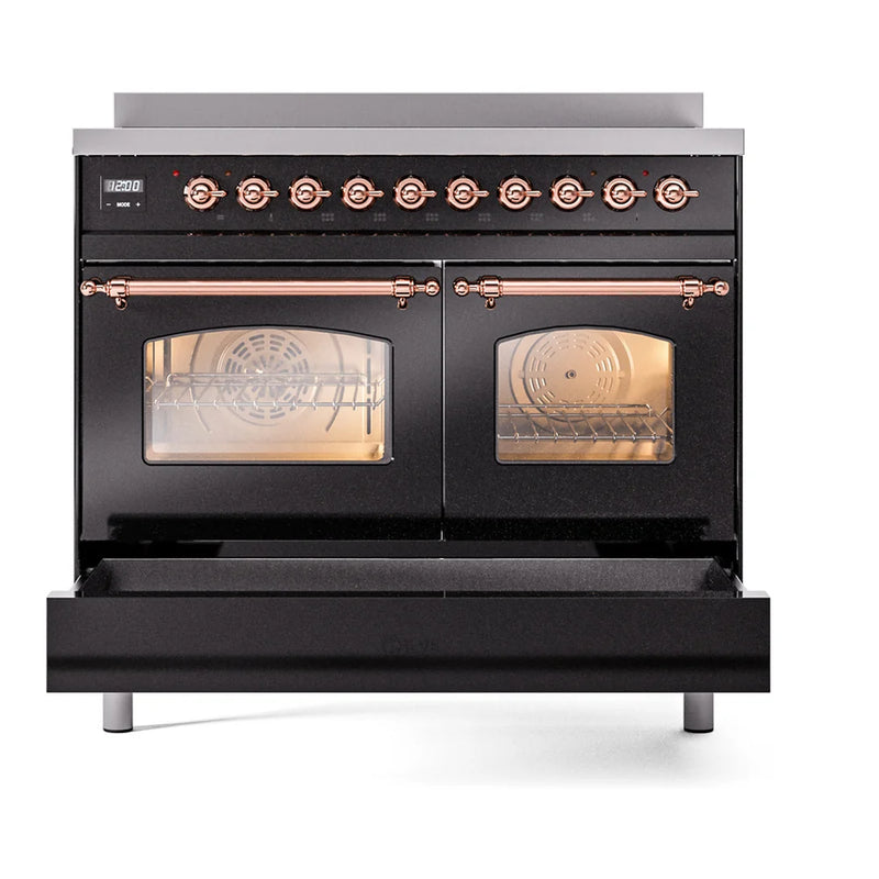 ILVE Nostalgie II 40" Induction Freestanding Range in Glossy Black with Copper Trim, UPDI406NMPBKP