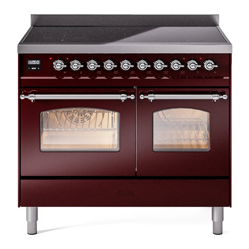 ILVE Nostalgie II 40" Induction Freestanding Range in Burgundy with Chrome Trim, UPDI406NMPBUC