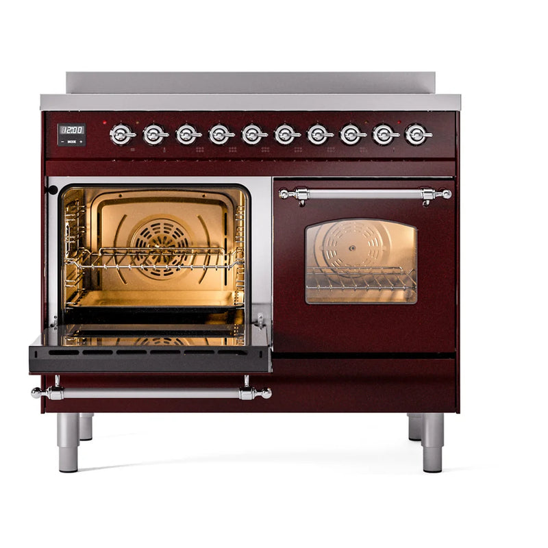 ILVE Nostalgie II 40" Induction Freestanding Range in Burgundy with Chrome Trim, UPDI406NMPBUC