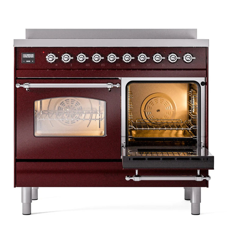 ILVE Nostalgie II 40" Induction Freestanding Range in Burgundy with Chrome Trim, UPDI406NMPBUC