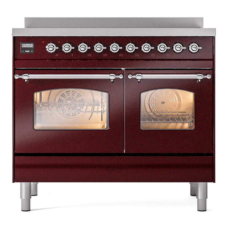 ILVE Nostalgie II 40" Induction Freestanding Range in Burgundy with Chrome Trim, UPDI406NMPBUC
